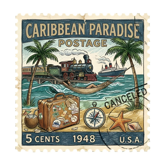 vintage postage stamp, caribbean paradise, tropical, nautical, travel theme, retro 1940s, steam train, palm trees, ocean waves, beach, sandy shore, suitcase, compass, starfish, seashell, hammock, ship boat, teal blue, cream, tan, rust orange, forest green, adventure, wanderlust, vacation, whimsical, illustration style, novelty print, cancelled stamp, summer