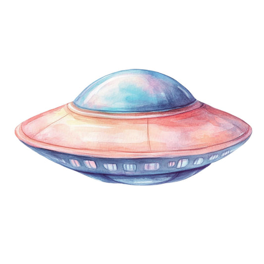 ufo, flying saucer, space ship, sci-fi, science fiction, celestial, outer space, alien, vintage sci-fi, retro futuristic, coral pink, dusty rose, soft blue, navy blue, pastel colors, watercolor, whimsical, playful, children's, kids, novelty, space theme, futuristic, retro, mid-century modern, illustrated, whimsy, conversation print, space exploration