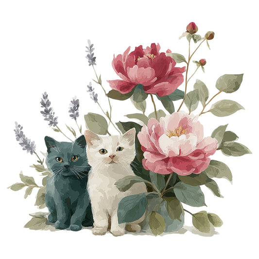 floral, cats, peonies, lavender, pink peonies, dusty rose, cream white, dark teal, forest green, sage green, botanical, nature, animals, whimsical, elegant, vintage, romantic, garden, spring, summer, two cats, black cat, white cat, flowers and animals, decorative, traditional, cottage core, nature-inspired, peony flowers, lavender sprigs