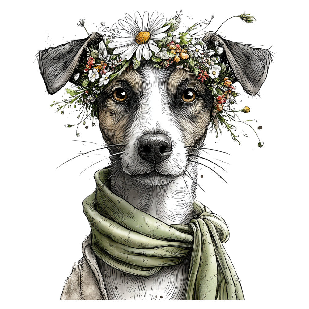 dog, portrait, floral crown, animals, nature, whimsical, bohemian, elegant, vintage, botanical, daisies, wildflowers, black and white, cream, sage green, golden yellow, terracotta, spring, summer, decorative, charming, artistic, illustration, pet lover, farmhouse, scarf, nature-inspired, enchanted, woodland, artistic portrait