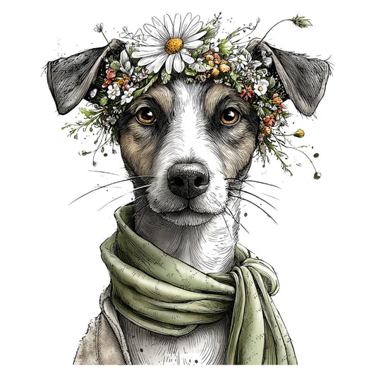 dog, portrait, floral crown, animals, nature, whimsical, bohemian, elegant, vintage, botanical, daisies, wildflowers, black and white, cream, sage green, golden yellow, terracotta, spring, summer, decorative, charming, artistic, illustration, pet lover, farmhouse, scarf, nature-inspired, enchanted, woodland, artistic portrait