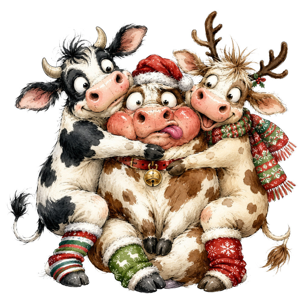christmas, holiday, festive, whimsical, humorous, farm animals, cows, reindeer, santa hat, red, green, cream, white, brown, tan, gold, cute, playful, rustic, farmhouse, vintage, seasonal, winter, character panel, animals in sweaters, holiday sweaters, bell, festive clothing, jolly, cheerful