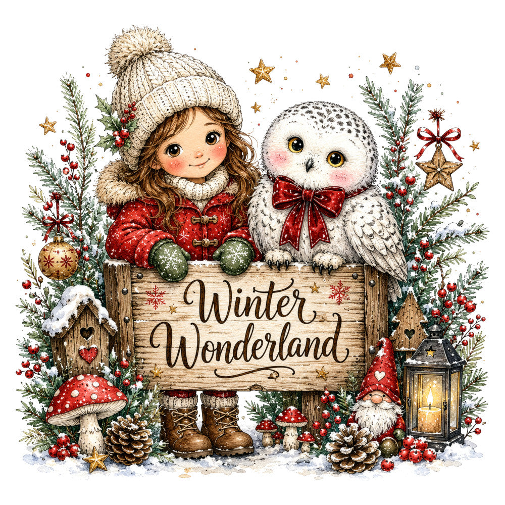 winter wonderland, christmas, holiday, snow, girl, owl, festive, whimsical, magical, red, cream, green, gold, forest green, cream white, stars, snowflakes, evergreen, pinecones, mushrooms, gnomes, lantern, hearts, berries, nature, rustic, vintage, celestial, winter, seasonal