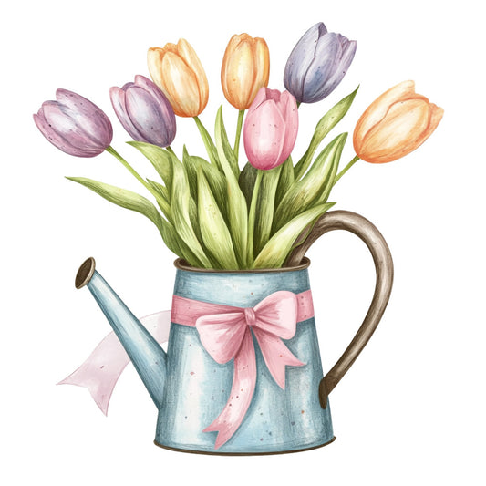 tulip, floral, spring, watering can, garden, nature, pink bow, pastel pink, dusty rose, purple, lavender, soft blue, peach, coral, orange, yellow, green leaves, vintage, cottage garden, farmhouse, elegant, whimsical, botanical, bouquet, fresh flowers, spring flowers, romantic, sweet, delicate, traditional