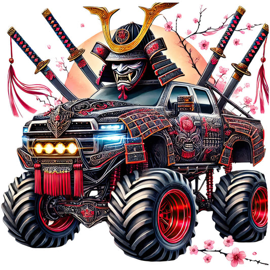 samurai, asian, japanese, monster truck, truck, demon mask, oni mask, warrior, gold, black, red, crimson red, deep red, pink blossoms, cherry blossoms, sakura, floral, ornate, decorative, intricate, bold, dramatic, edgy, whimsical, fantasy, cultural, eastern, tattoo art, armor, swords