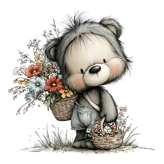 cute teddy bear, fluffy bear, whimsical animals, charming bear, flowers, wildflowers, floral bouquet, daisy, coral pink, cream, gray, soft colors, pastel, botanical, nature, spring, summer, children's, baby nursery, storybook illustration, vintage style, illustrative, sweet, adorable, gentle, innocent, basket of flowers, gift giving, springtime blooms