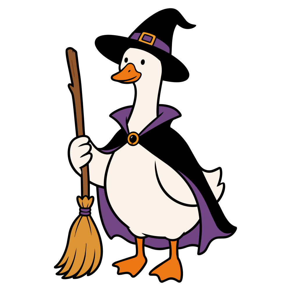 witch duck, halloween, purple, orange, black, cream, whimsical, cute, animal, duck, witch hat, broomstick, fall, autumn, halloween theme, festive, whimsy, playful, children's, kids, magical, spooky, seasonal, costume, trick or treat, holiday, decorative, novelty, fun print