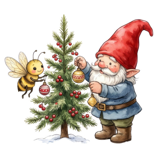 gnome, christmas, holiday, festive, bee, nature, whimsical, red ornaments, gold ornaments, evergreen tree, winter, traditional, charming, woodland, fairy tale, storybook, children, playful, cream, forest green, red, gold, blue, vintage, nostalgic, decorative, cheerful, magical, panel, wall hanging