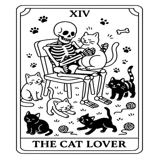 black and white, tarot card, skeleton, cats, whimsical, gothic, halloween, spooky, occult, mystical, vintage tarot, cat lover, playful, dark academia, witchy, bone prints, paw prints, toys and bones, death card, memento mori, alternative, quirky, humorous, line art, illustration style, darkly humorous, novelty print, conversation starter