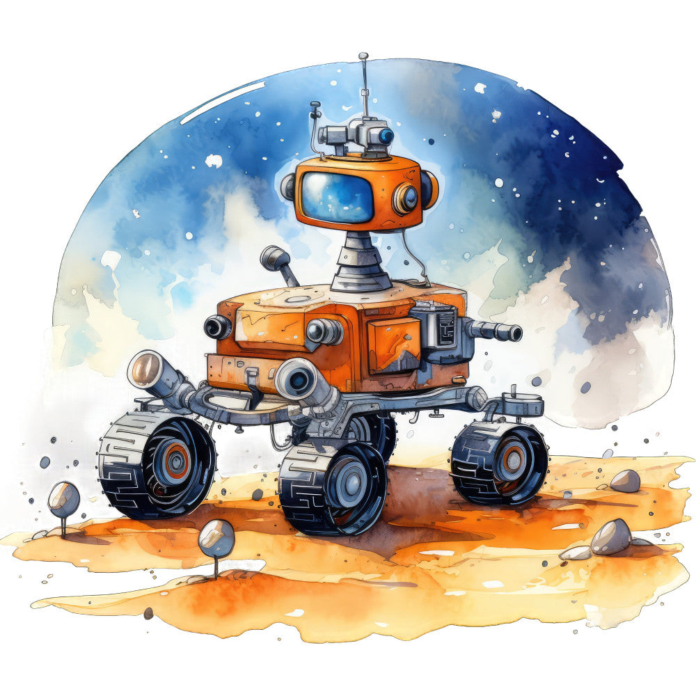space rover, orange robot, mars landscape, sandy desert, blue sky, clouds, whimsical, futuristic, children's, sci-fi, science fiction, robot vehicle, wheels, exploration, adventure, orange and blue, metallic gray, tan sand, playful, imaginative, mechanical, outer space, planet surface, cute robot, kids fabric, novelty print, space theme, modern design, retro futuristic