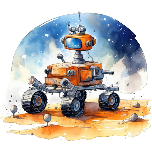 space rover, orange robot, mars landscape, sandy desert, blue sky, clouds, whimsical, futuristic, children's, sci-fi, science fiction, robot vehicle, wheels, exploration, adventure, orange and blue, metallic gray, tan sand, playful, imaginative, mechanical, outer space, planet surface, cute robot, kids fabric, novelty print, space theme, modern design, retro futuristic