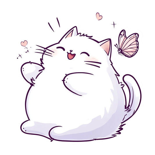 cute cat, white cat, purple outline, butterflies, hearts, whimsical, kawaii, animal, playful, sweet, cheerful, pastel purple, soft pink, pink hearts, nature, magical, fantasy, girl's fabric, children's design, spring, summer, joy, happy, gentle, soft colors, butterfly motifs, romantic, tender, artistic