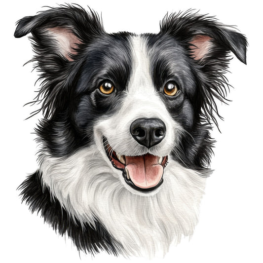 black and white, border collie, dog portrait, watercolor style, amber eyes, pink tongue, realistic illustration, fabric panel, quilting cotton, pet themed, canine art, detailed fur texture, happy expression, animal lover, crafting material, sewing project, bright colors, medium length fur, gentle mood, portrait style