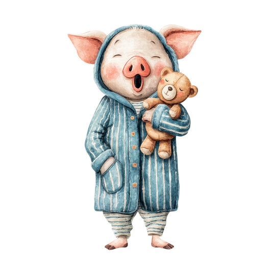 pig, teddy bear, blue striped, slate blue, cream, coral pink, striped pattern, pajamas, sleepwear, whimsical, children, nursery, baby, cute animals, farmhouse, vintage, storybook, bedtime, sweet dreams, cozy, playful, illustration style, character fabric, animal characters, blue and white, pinstriped, nightgown, bedding, baby quilt, children's theme