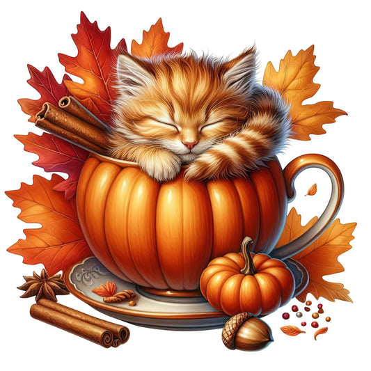 autumn, fall, pumpkin, cat, kitten, orange, rust, deep red, burgundy, golden yellow, cream, brown, cinnamon, spice, leaves, maple leaves, acorns, star anise, cinnamon sticks, whimsical, cute, cozy, rustic, farmhouse, harvest, thanksgiving, seasonal, pumpkin spice, woodland, animal