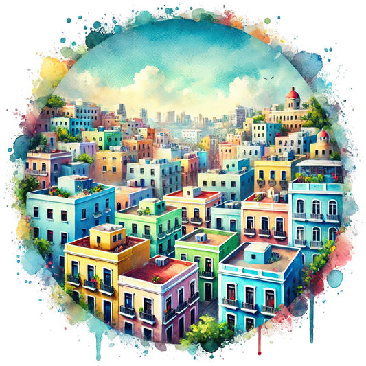 vibrant cityscape, watercolor architecture, turquoise blue, coral pink, sunny yellow, lime green, lavender purple, colorful buildings, urban landscape, mediterranean style, whimsical art, hand-painted effect, splatter design, abstract watercolor, travel theme, city streets, rooftop scene, artistic illustration, bohemian style, tropical colors, bright and cheerful, modern art, street scene, international destinations, summer vibes, wall hanging, home decor, artistic panels, mixed media style, sky blue
