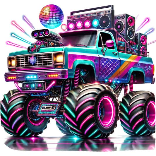 neon pink, hot pink, cyan blue, turquoise, magenta, purple, retro 80s, retro 90s, geometric, abstract, music themed, disco ball, speaker, truck, monster truck, neon lights, glow effect, bold colors, vibrant, modern, whimsical, fun, playful, party theme, music lover, audio equipment, novelty, statement print, bright colors, colorful