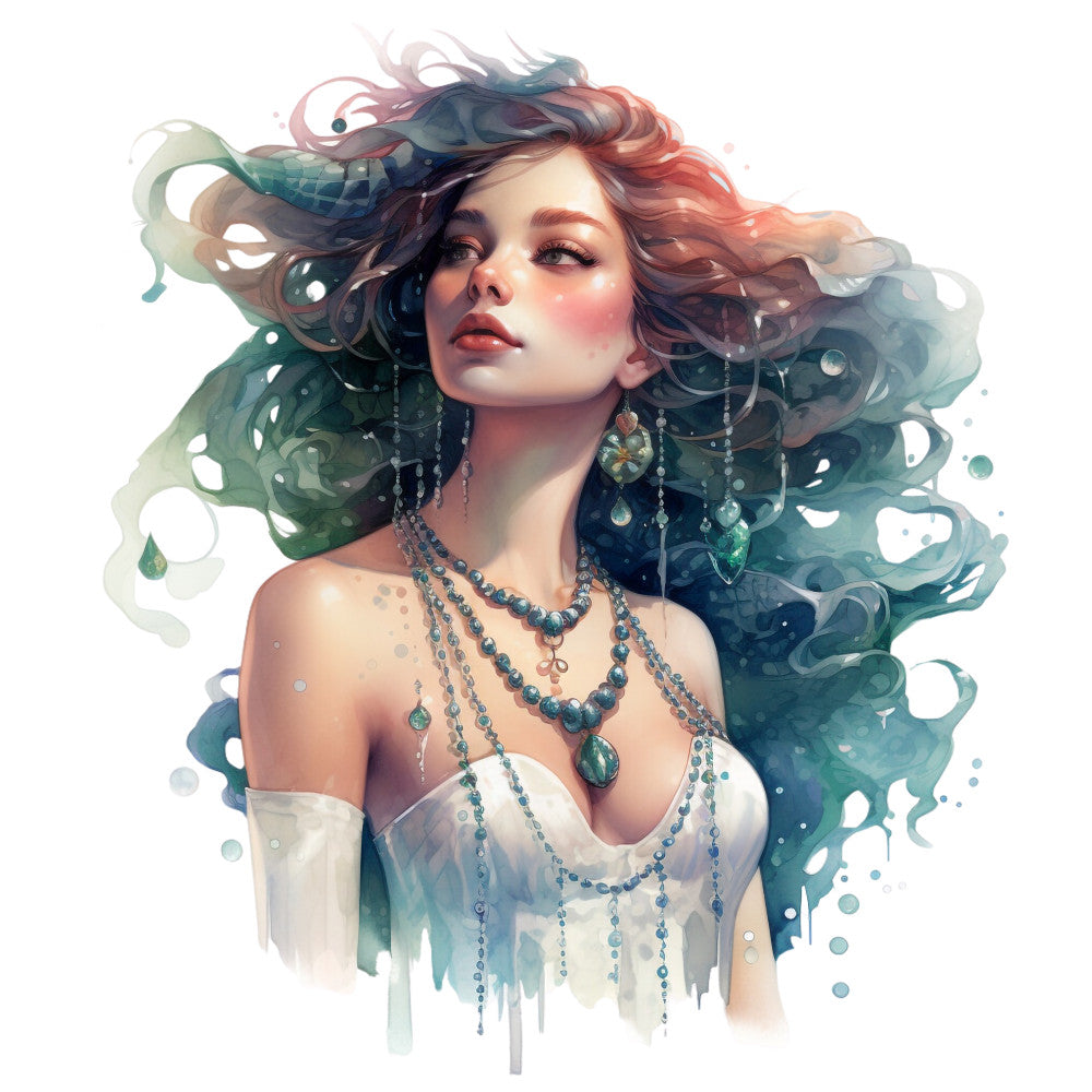 teal, seafoam green, coral pink, ocean blue, watercolor style, mermaid woman, flowing hair, layered necklaces, jewelry, fantasy art, ethereal, underwater theme, fabric panel, quilting cotton, dreamy, whimsical, ocean waves, sea goddess, artistic portrait