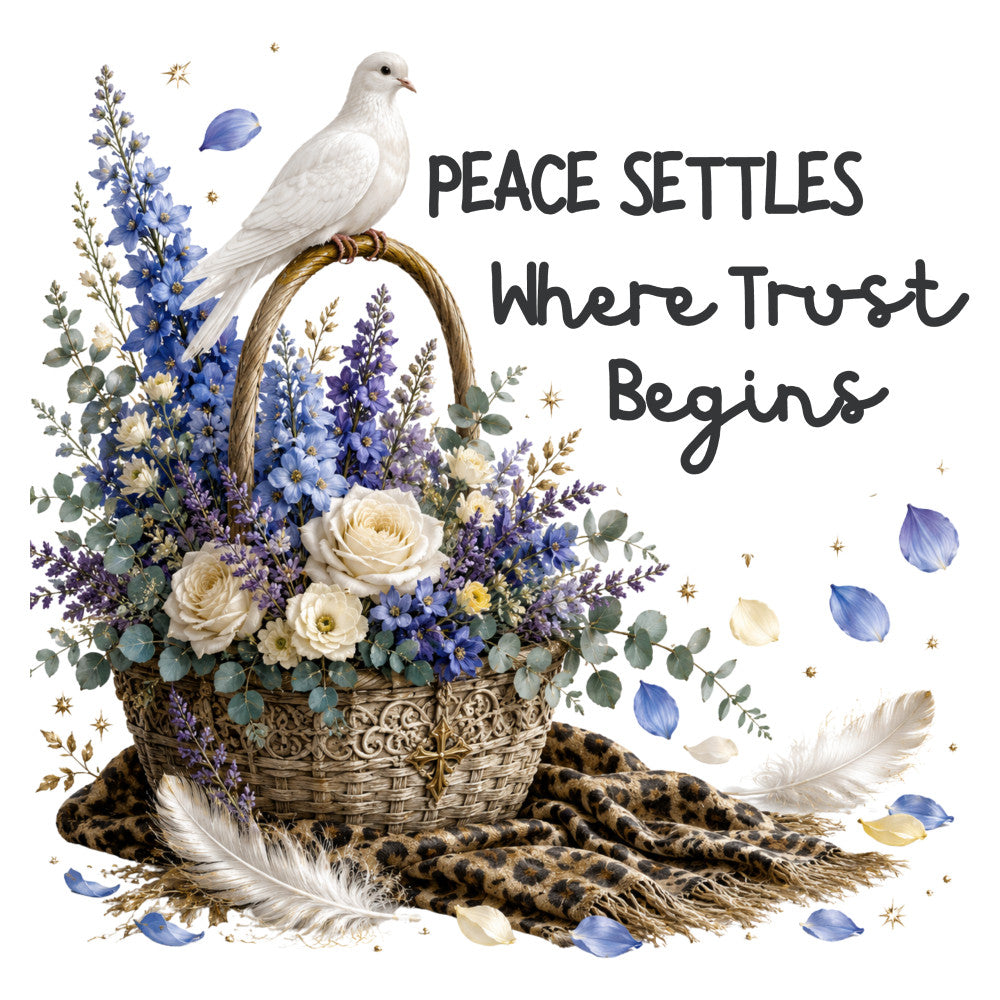 white dove, blue floral, cream roses, lavender flowers, inspirational quote, peace message, trust saying, white bird, basket arrangement, wildflowers, delphinium, ranunculus, eucalyptus, gold accents, sparkles, feathers, leopard print, neutral palette, soft colors, elegant style, whimsical design, nature theme, botanical print, spiritual, calming, serene, inspirational panel, wall hanging, decorative art