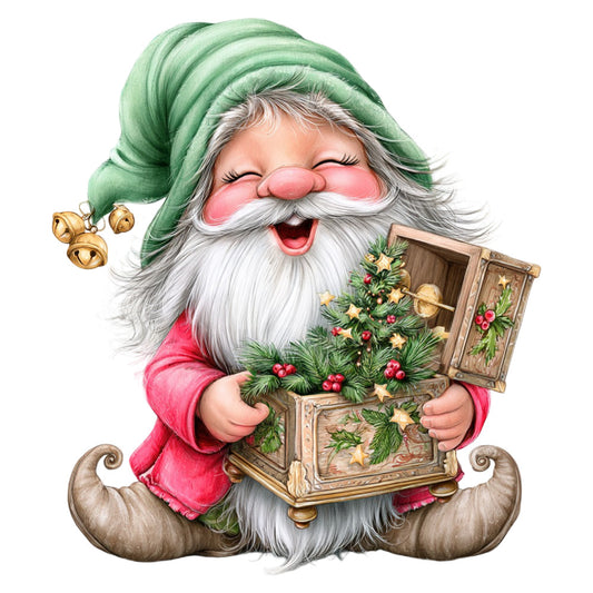 santa claus, christmas, holiday, whimsical, festive, jolly, vintage, traditional, green hat, red coat, white beard, gold bells, wooden box, wreath, christmas tree, red ornaments, gold stars, rustic, nostalgic, winter, seasonal, forest green, coral pink, cream white, gold accents, brown, children's, decorative, greeting card style, folk art