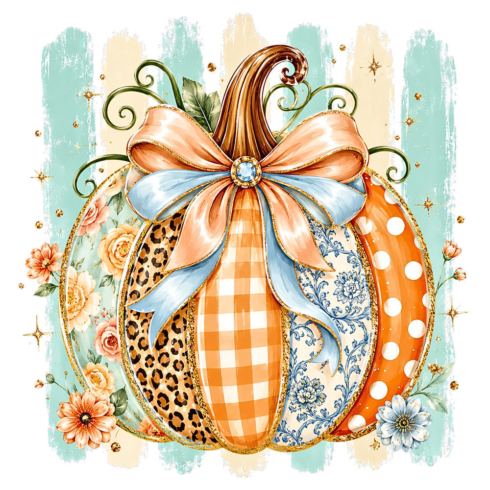 autumn pumpkin, fall harvest, pumpkin spice, burnt orange, sage green, cream, gold accents, leopard print, animal print, gingham plaid, floral damask, ornamental scrolls, botanical, decorative bow, whimsical, vintage, elegant, fall themed, harvest season, pumpkin patch, mixed patterns, polka dots, cottage core, farmhouse style, autumn decor, festive, decorative pumpkin, layered design, ornate, seasonal