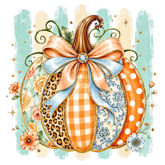 autumn pumpkin, fall harvest, pumpkin spice, burnt orange, sage green, cream, gold accents, leopard print, animal print, gingham plaid, floral damask, ornamental scrolls, botanical, decorative bow, whimsical, vintage, elegant, fall themed, harvest season, pumpkin patch, mixed patterns, polka dots, cottage core, farmhouse style, autumn decor, festive, decorative pumpkin, layered design, ornate, seasonal