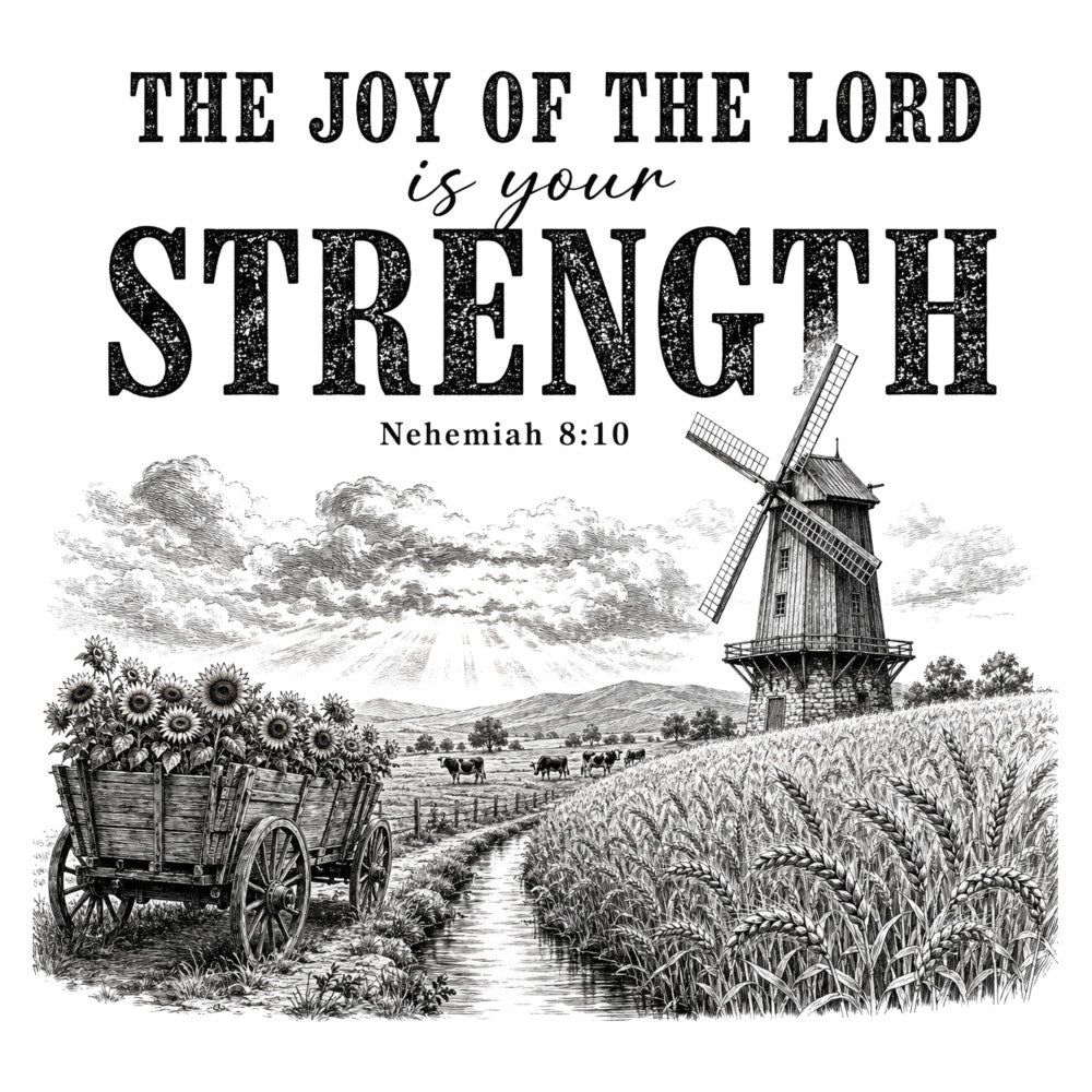 black and white, cream, monochrome, inspirational quote, bible verse, windmill, sunflowers, wagon, grain field, wheat, countryside, rural landscape, farmhouse, vintage, rustic, traditional, pastoral, agricultural, harvest, nature, scenic, engraving style, etching, botanical, horses, peaceful, motivational, religious, faith, strength