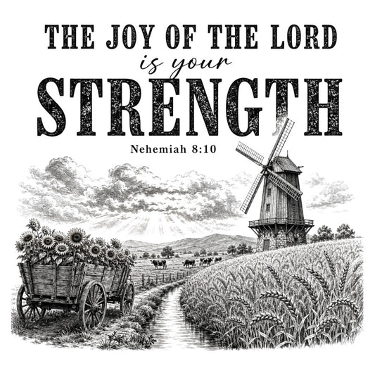 black and white, cream, monochrome, inspirational quote, bible verse, windmill, sunflowers, wagon, grain field, wheat, countryside, rural landscape, farmhouse, vintage, rustic, traditional, pastoral, agricultural, harvest, nature, scenic, engraving style, etching, botanical, horses, peaceful, motivational, religious, faith, strength