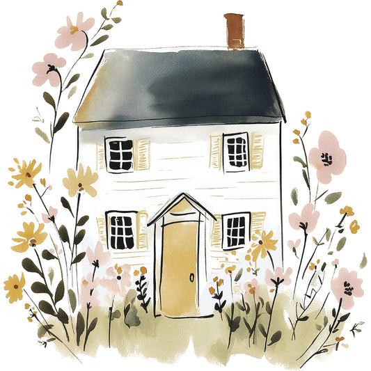 cottage core, farmhouse, house illustration, whimsical, watercolor, spring flowers, pastel colors, cream white, dusty rose, soft pink, golden yellow, sage green, charcoal gray, floral border, botanical, wildflowers, garden, countryside, vintage cottage, folk art, hand painted style, nature inspired, pastoral, rustic, delicate florals, small house, architectural, panel design, spring themed