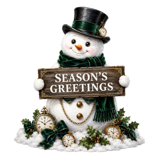 season's greetings, snowman, winter, christmas, holiday, forest green, black, white, gold, vintage, steampunk, whimsical, festive, pocket watch, clock, holly, berries, top hat, scarf, elegant, traditional, nostalgic, seasonal, decorative panel, home decor, dark green velvet, brass accents, timeless, cheerful, snow scene
