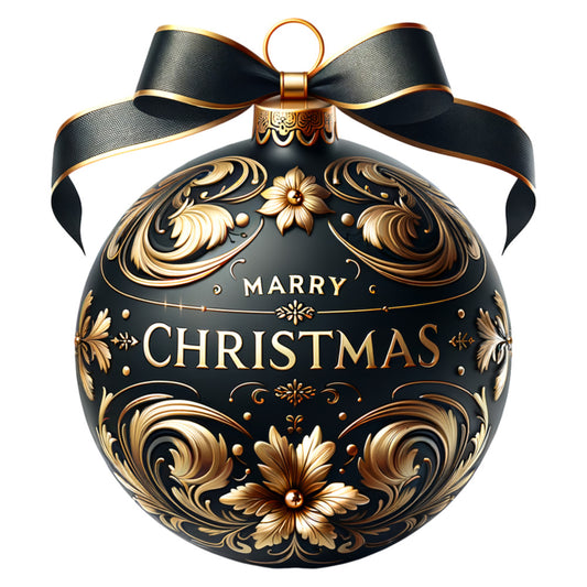 christmas ornament, black background, gold accents, ornate scrollwork, floral motifs, ribbon bow, metallic details, holiday fabric, decorative bauble, elegant design, festive panel, winter theme, christmas decor, ornamental patterns, luxury ornament, seasonal fabric, quilting panel, holiday crafting, christmas sewing