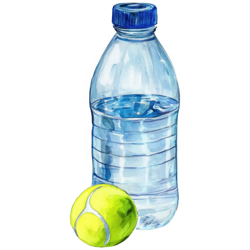 water bottle, tennis ball, sports, athletic, hydration, aqua blue, bright yellow, lime green, summer, active lifestyle, recreation, fitness, modern, contemporary, realistic, still life, beverage, drinks, casual wear, unisex, youth themed, outdoor activities, health conscious, motivational, inspiring, energetic, vibrant colors, water sports