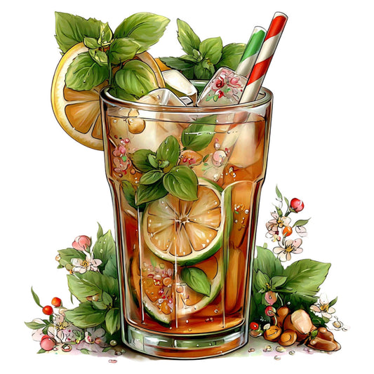 botanical beverage, citrus slices, fresh lemon, mint leaves, floral cocktail, summer refreshment, nature themed, whimsical botanical, vintage inspired, elegant design, coral pink flowers, sage green foliage, golden amber, warm earth tones, citrus fruit, herbal theme, decorative drink, garden party, tropical beverage, naturalistic illustration, detailed botanical, summer season, spring flowers, home decor, kitchen textile, table runner, contemporary nature art, detailed floral, berry accents, flowering herbs