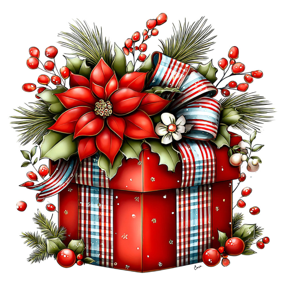 red poinsettia, christmas, holiday, festive, evergreen, pine branches, berries, red and white striped ribbon, plaid bow, gingham, traditional, vintage christmas, winter, seasonal, elegant, classic, decorative box, gift theme, red cardinal colors, cream white, forest green, gold accents, floral arrangement, ornamental, festive decor, wall hanging, home decor