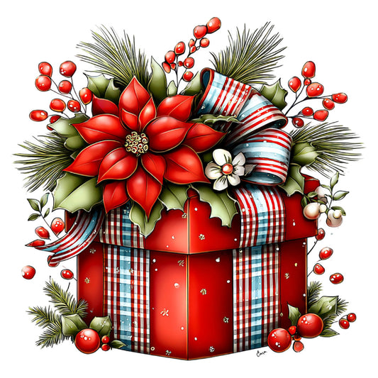 red poinsettia, christmas, holiday, festive, evergreen, pine branches, berries, red and white striped ribbon, plaid bow, gingham, traditional, vintage christmas, winter, seasonal, elegant, classic, decorative box, gift theme, red cardinal colors, cream white, forest green, gold accents, floral arrangement, ornamental, festive decor, wall hanging, home decor