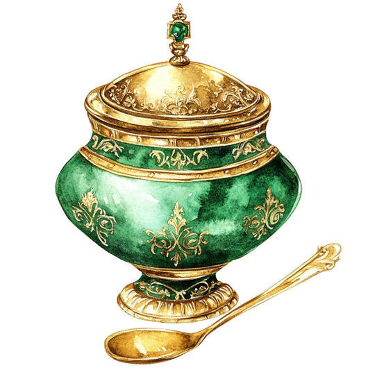 emerald green, gold, ornate, vintage, elegant, royal, decorative, damask, filigree, botanical, teapot, spoon, luxury, traditional, antique, sophisticated, embellished, regal, classic, ornamental, tableware, tea service, gilded, detailed, formal, timeless, heritage, victorian style, statement piece