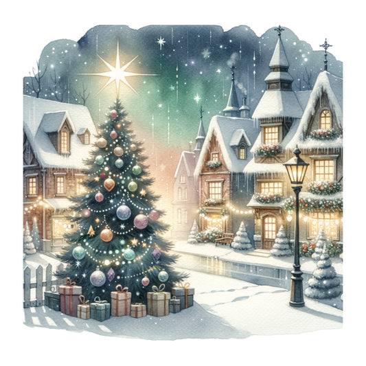 christmas, holiday, winter village, snowy landscape, festive, traditional, vintage, whimsical, nostalgic, cream, soft gold, forest green, dusty blue, burgundy red, sage green, starry sky, church, cottage, decorated tree, ornaments, presents, gifts, garland, beaded garland, star of bethlehem, snow-covered roofs, lantern, peaceful, enchanted, storybook