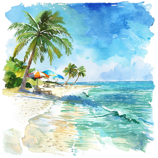watercolor painting, tropical beach scene, palm trees, ocean waves, turquoise water, blue sky, white sand, beach umbrellas, lounge chairs, coastal landscape, summer vacation, paradise setting, aqua blue, emerald green, sandy beige, fabric panel, quilting cotton, tropical theme, seaside artwork, relaxing atmosphere