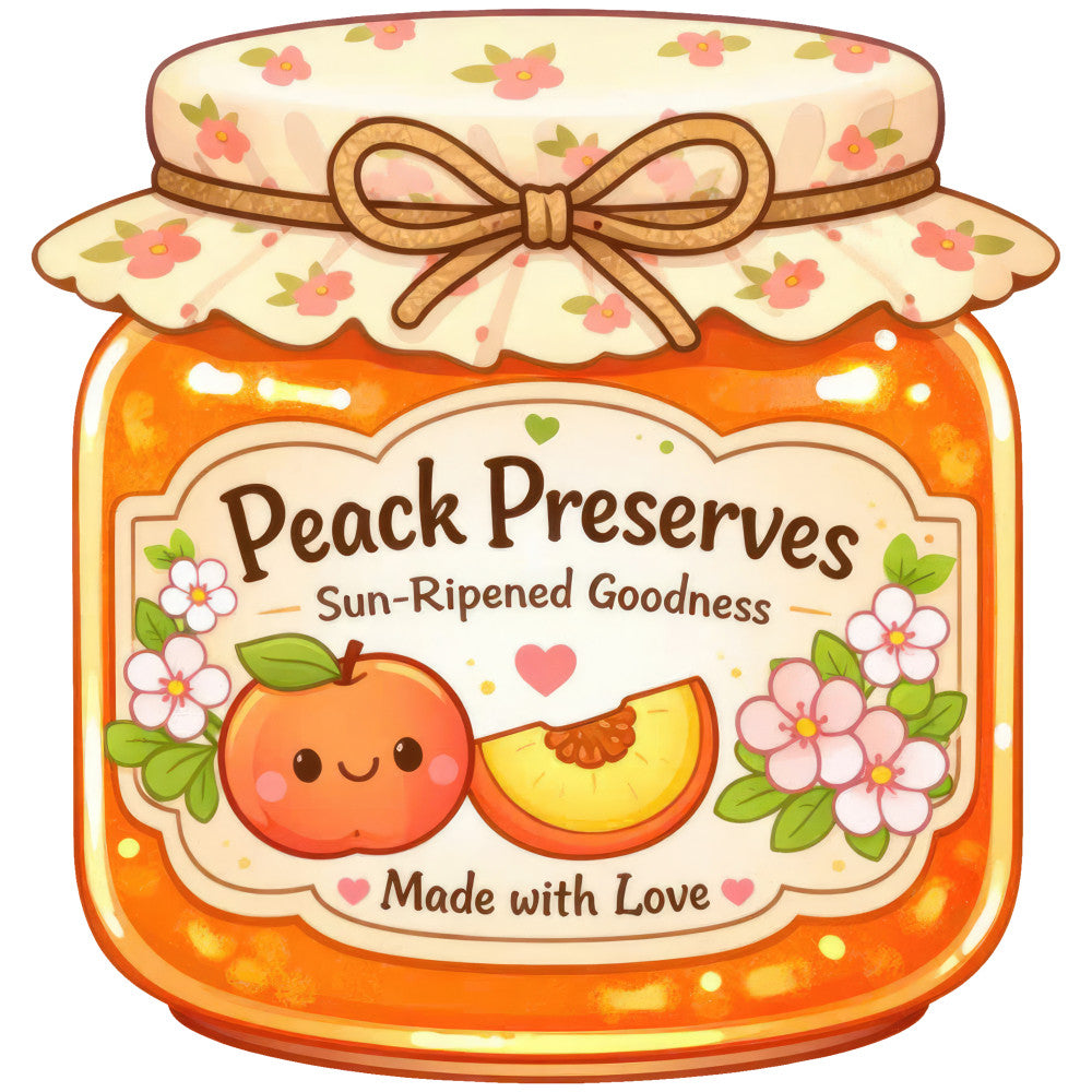 peach preserves, jam jar, fruit, peach, flowers, floral, cream, orange, yellow, cottage core, vintage, whimsical, sweet, cute, hearts, pink flowers, spring, summer, food theme, farmhouse, nostalgic, retro, nature, botanical, decorated jar, gift-themed, rustic, romantic, hand-drawn, charming