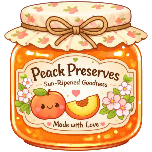 peach preserves, jam jar, fruit, peach, flowers, floral, cream, orange, yellow, cottage core, vintage, whimsical, sweet, cute, hearts, pink flowers, spring, summer, food theme, farmhouse, nostalgic, retro, nature, botanical, decorated jar, gift-themed, rustic, romantic, hand-drawn, charming