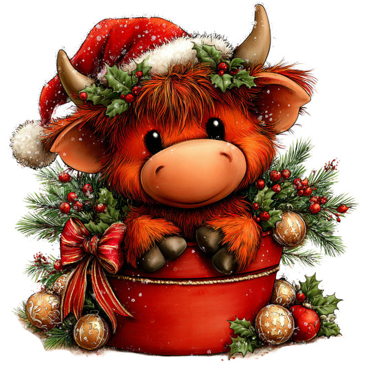 red, orange, brown, gold, cream, white, green, christmas, holiday, winter, cow, highland cattle, animals, festive, whimsical, cute, playful, decorative, ornaments, holly, berries, evergreen, santa hat, bells, ribbon, rustic, traditional, seasonal, nursery, children's