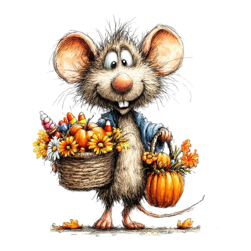 autumn, fall, harvest, pumpkin, orange, golden yellow, cream, rust, brown, whimsical, charming, cute, animal, mouse, rat, rodent, flowers, floral, daisies, basket, seasonal, thanksgiving, woodland, folk art, children's, playful, illustration style, storybook, nature themed, autumn harvest