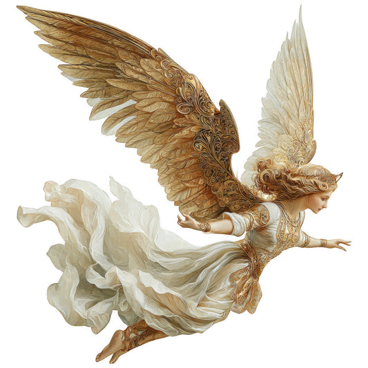 angel, wings, gold, cream, white, brown, flowing robes, flying figure, ornate details, swirling patterns, fabric panel, quilting cotton, nativity theme, christmas, religious, heavenly being, baroque style, detailed feathers, flowing fabric, divine messenger