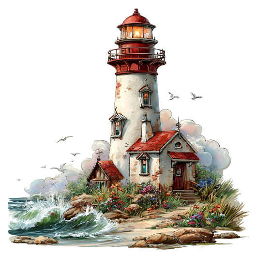 nautical, lighthouse, coastal, seaside, ocean, beach, seagulls, birds, red and white, cream, coral red, rust red, cottage, house, flowers, floral, waves, water, rocks, stones, whimsical, vintage, rustic, storybook, illustration, scenic, landscape, multi-motif, nature, maritime