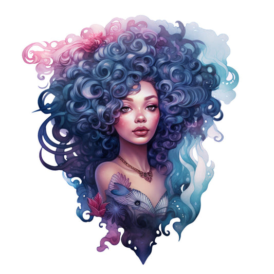 fabric panel, mermaid, woman portrait, curly hair, pink hair, blue hair, purple hair, gradient colors, fantasy art, digital illustration, ocean theme, seashells, coral, underwater scene, swirling designs, ethereal, mystical, quilting cotton, decorative birds, flowing hair, pastel tones, turquoise, lavender