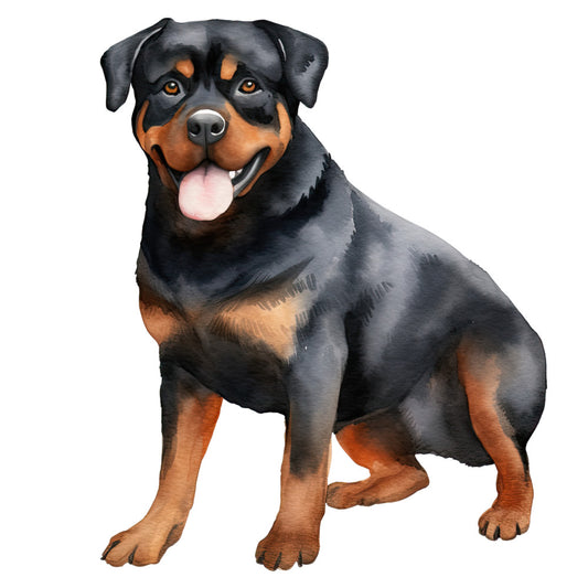 Watercolor Rottweiler Fabric Panel 26 featuring a detailed, colorful illustration of a happy Rottweiler dog on premium quilting cotton.