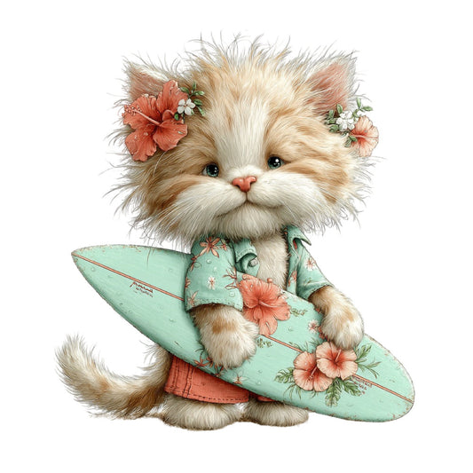 cat, kitten, fluffy cat, surfboard, beach, summer, tropical, floral, hibiscus, coral pink, mint green, sage green, pastel, whimsical, cute, playful, animal lover, children's fabric, baby, nursery, retro, vintage, coastal, surf theme, adorable, botanical, flowers, fun, colorful, illustration