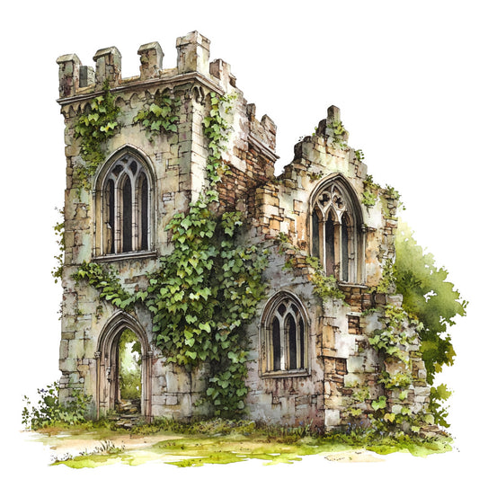 medieval castle, stone ruins, ivy covered, gothic windows, arched doorway, green foliage, weathered stone, fabric panel, watercolor style, countryside scene, ancient architecture, moss green, sandy beige, romantic ruins, quilting cotton, english heritage, crumbling walls, nature reclaimed, pastoral setting, decorative stonework