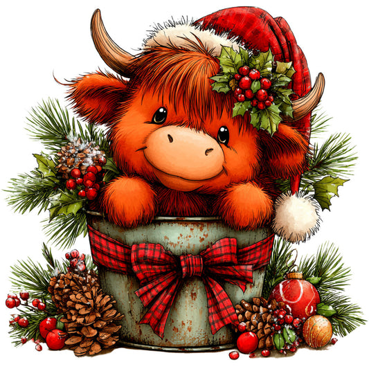 red orange, cream, forest green, burgundy red, plaid, holiday, christmas, animals, cattle, highland cow, rustic, whimsical, farmhouse, vintage, festive, seasonal, winter, evergreen, holly, berries, pinecones, ornaments, bow, checkered, rustic metal, country, cottage core, decorative panel, wall hanging, cozy