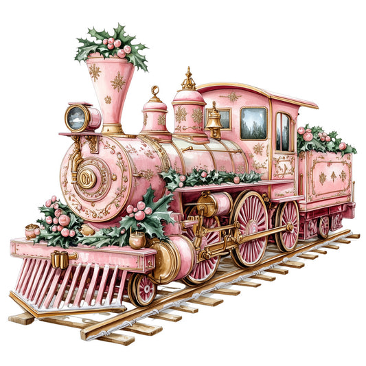 Pink Christmas Train Fabric Panel 3